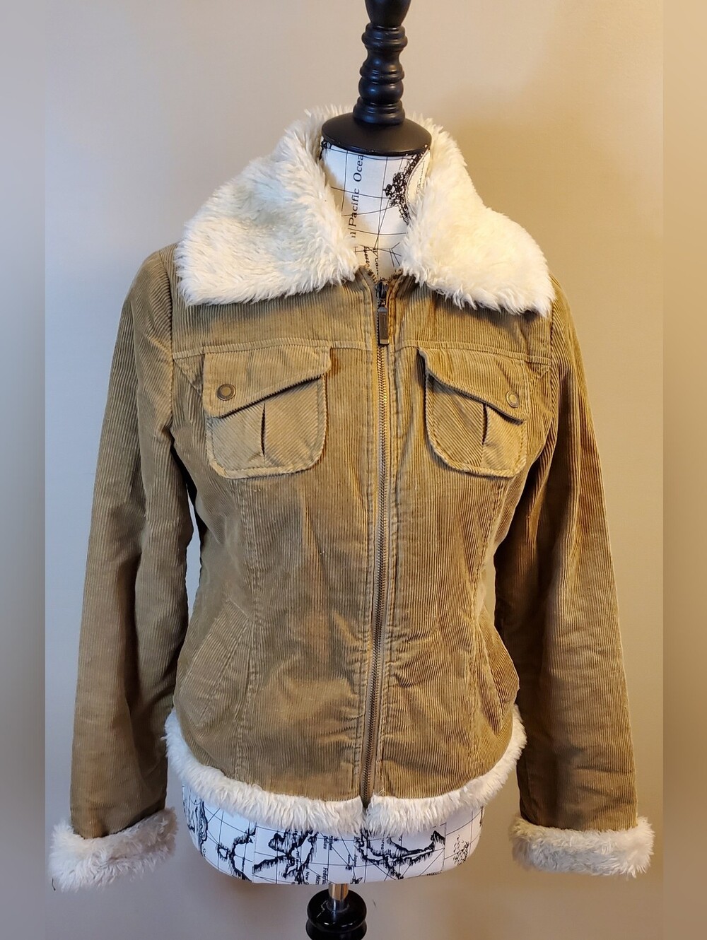 Seventy Seven Corduroy Bomber Jacket Womens Small Faux Fur Trim Y2K Zip Up Tan